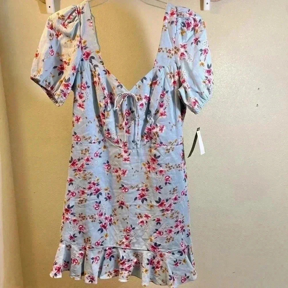 City Triangles Blue Floral Linen Blend Puff Sleeve Mini Dress Junior Sz XXL NWT